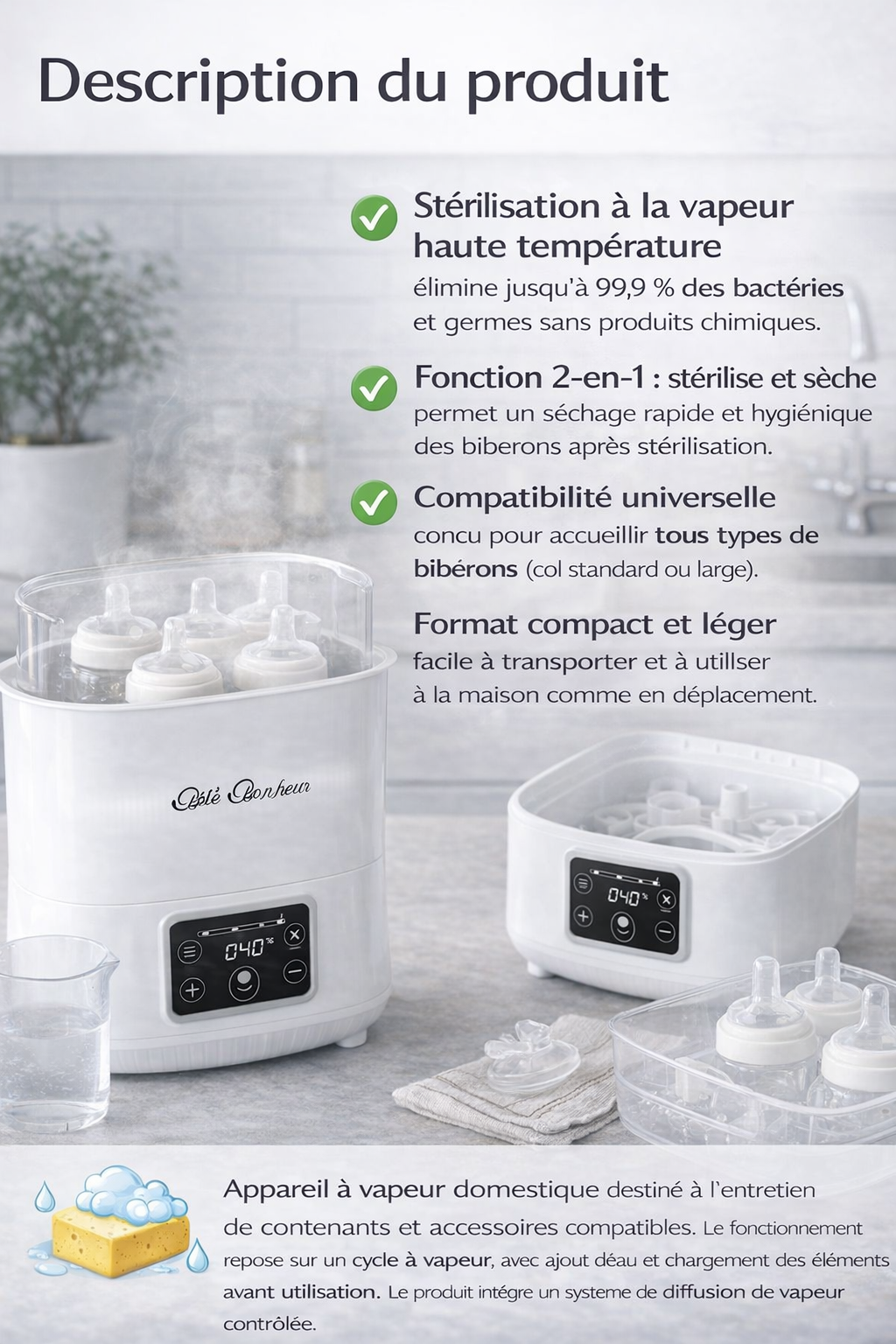Lave biberon et stérilisateur vapeur 2 en 1 – Hygiène parfaite pour bébé