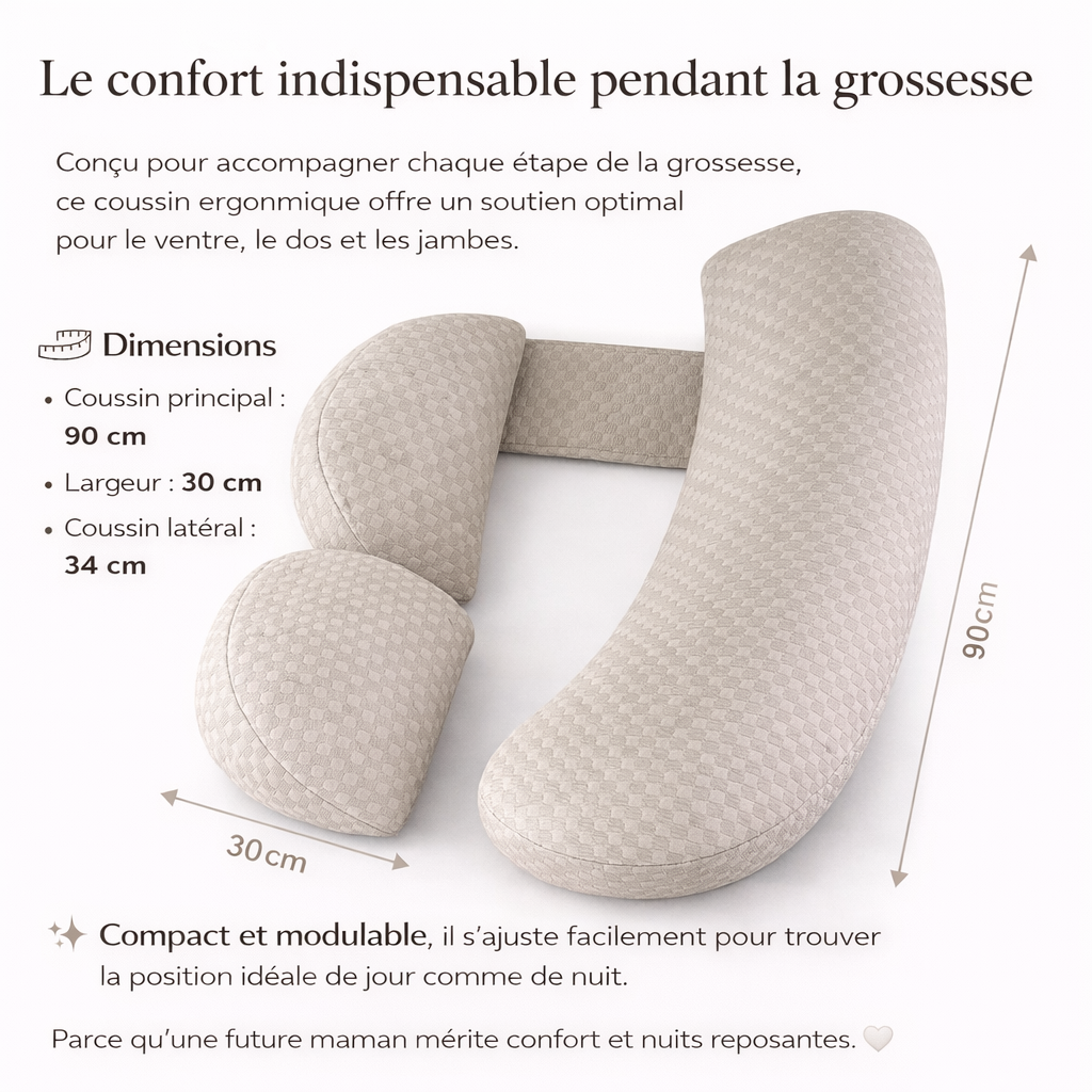 Coussin de grossesse ergonomique – Soutien ventre, dos & hanches