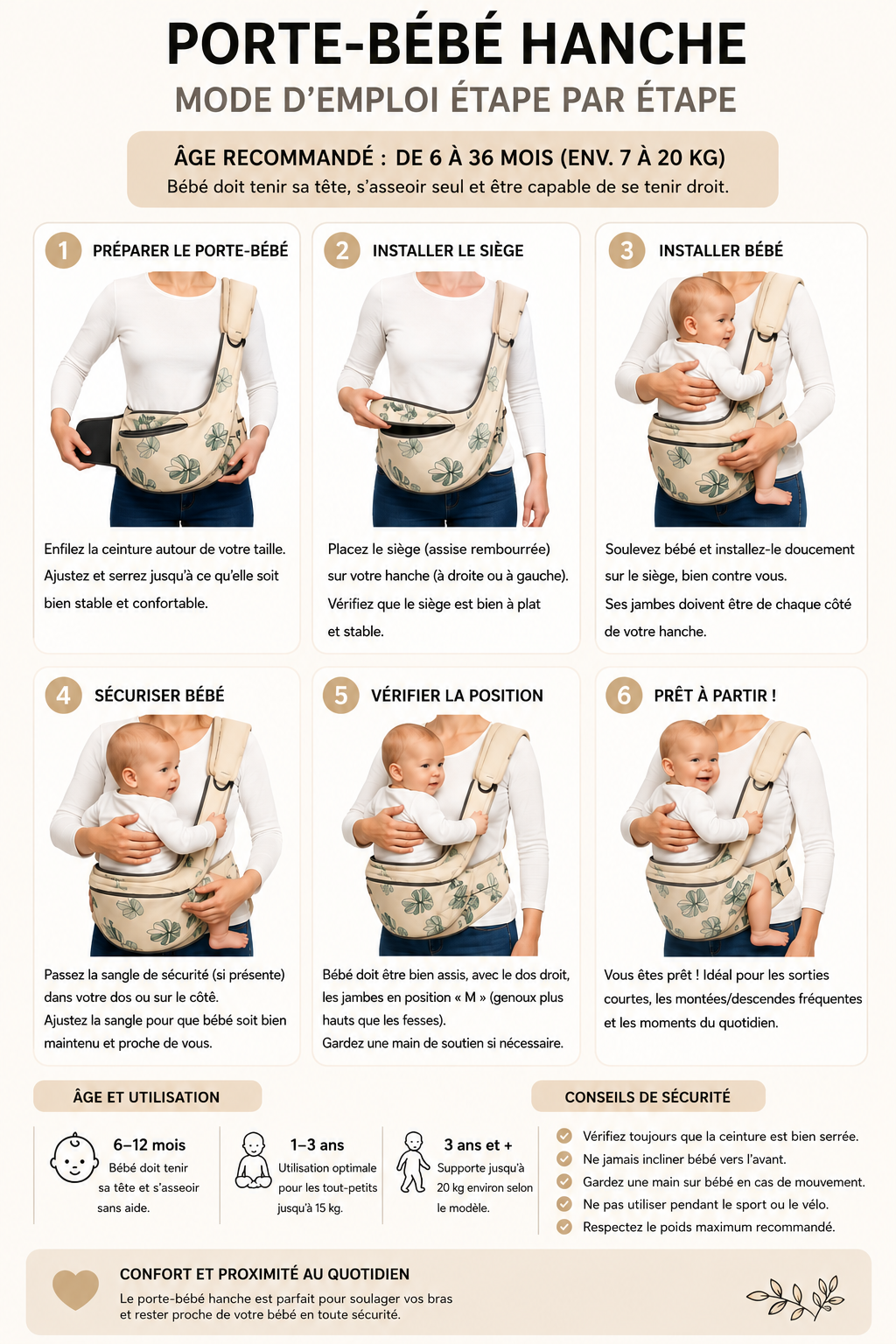 Porte Bébé Hanche Ergonomique | Siège Intégré, Maintien Optimal et Position Naturelle