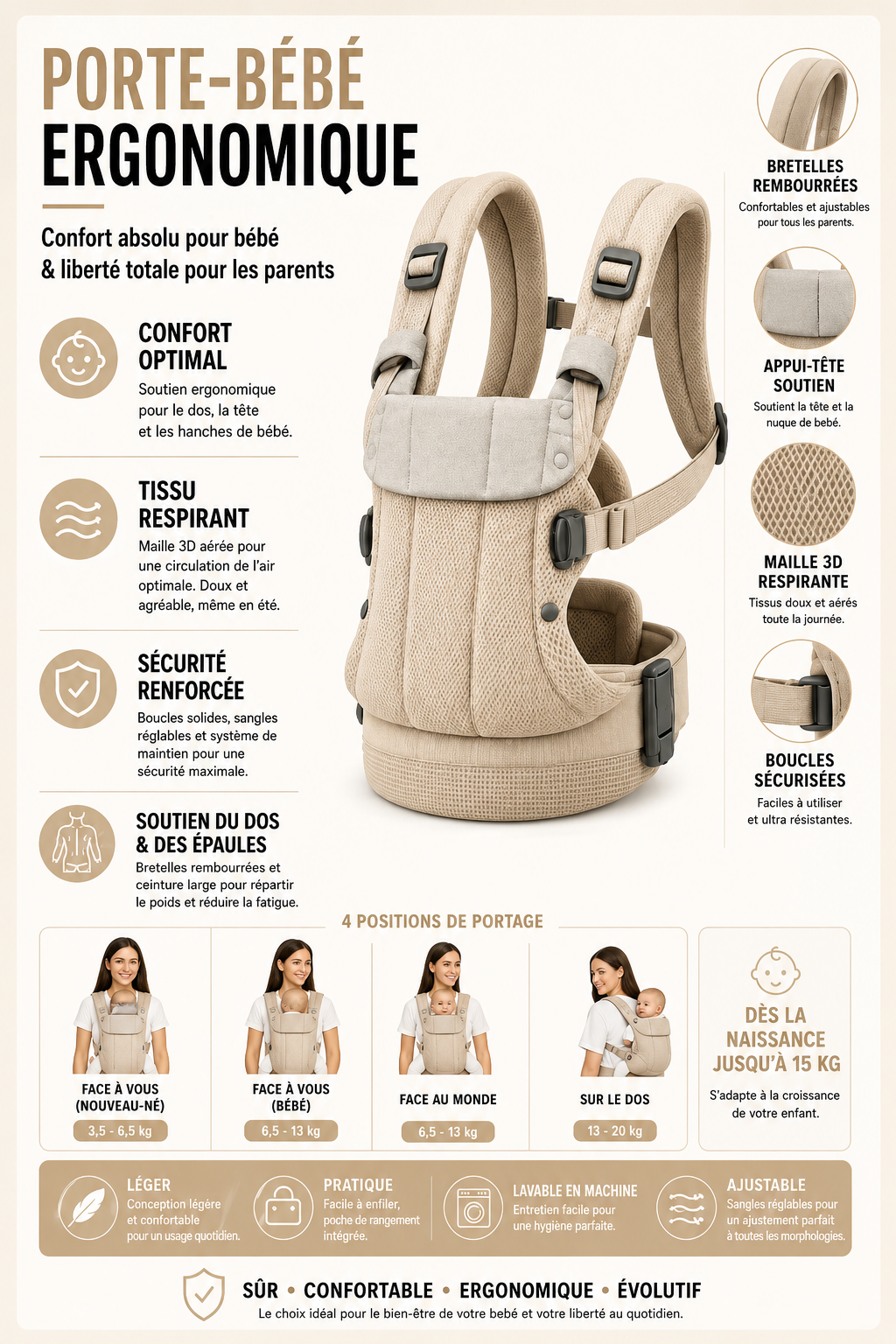 Porte bébé physiologique ultra respirant premium porté - autre angle