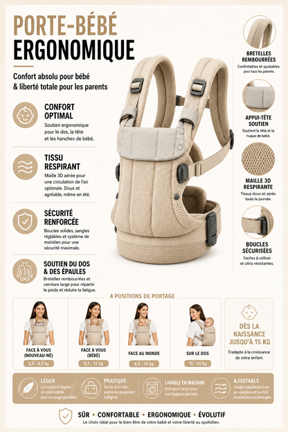 Porte bébé physiologique ultra respirant premium porté - autre angle