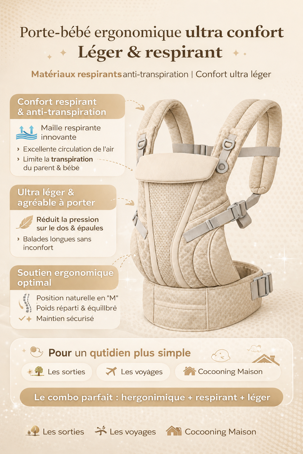 Porte Bébé Physiologique Ergonomique Respirant | Confort & Sécurité 0 à 36 mois